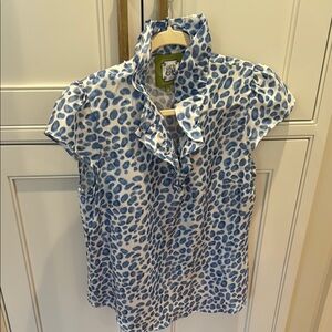 Elizabeth McKay Blue and White Leopard Print Blouse